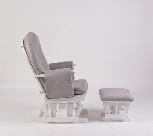Side view of Adjustable Reclining Glider Chair with Ottoman and grey cushions