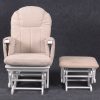 White Nursery Glider Chair with Ottoman featuring beige cushions and white wood frame