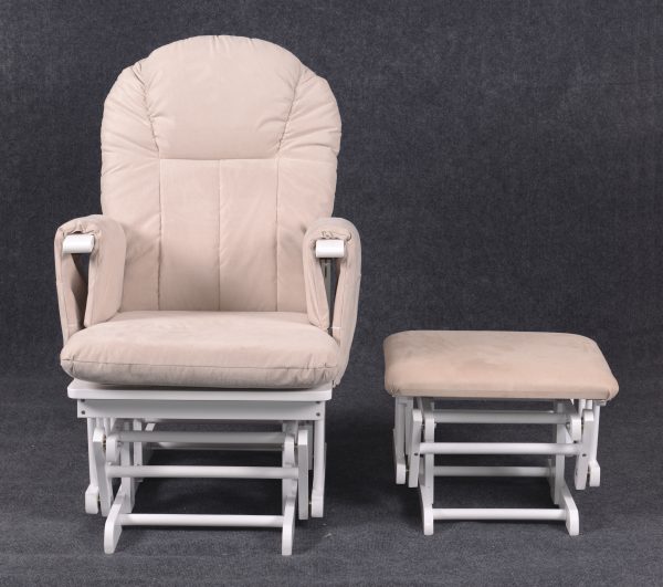 White Nursery Glider Chair with Ottoman featuring beige cushions and white wood frame