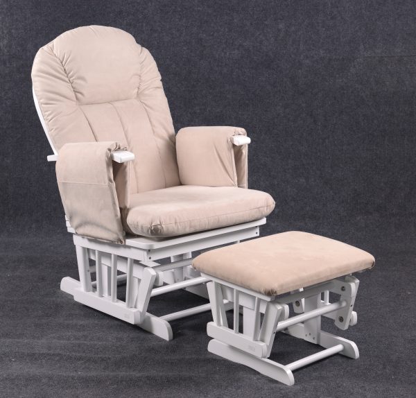 White Nursery Glider Chair with Ottoman showing padded backrest and gliding base
