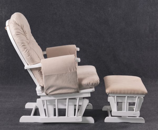 Side view of White Nursery Glider Chair with Ottoman and upholstered arm cushions