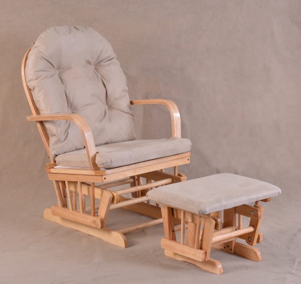 2 Natural wood padded wooden glider chair with matching ottoman