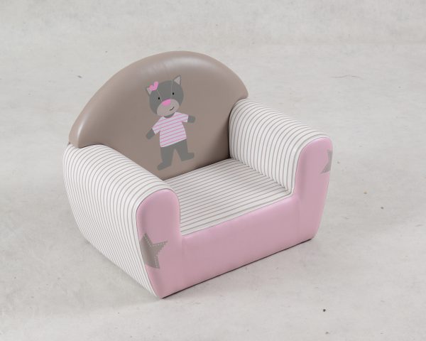 Pink cat kids armchair sofa with striped upholstery and star details