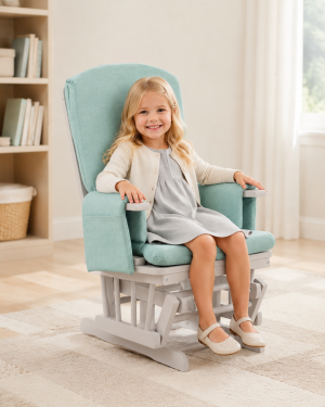 Kids Glider Chair in Mint Green Mint green kids glider chair for children ages 4 and up with cushioned seat and white wooden frame
