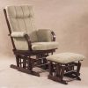 Nursery Glider Chair with Ottoman in cream upholstery and dark wood frame
