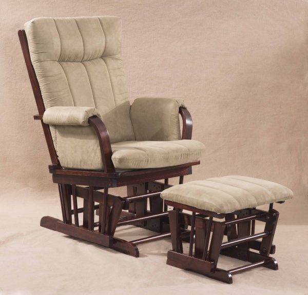 Nursery Glider Chair with Ottoman in cream upholstery and dark wood frame