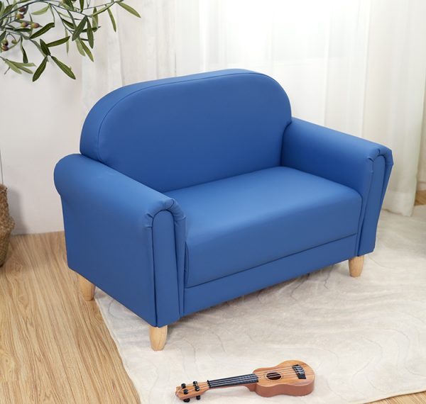 DSC05356 Blue Upholstered Kids Sofa with Wooden Legs