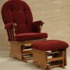 Red Nursery Glider Chair and Ottoman Set Red upholstered wooden nursery glider chair with matching ottoman