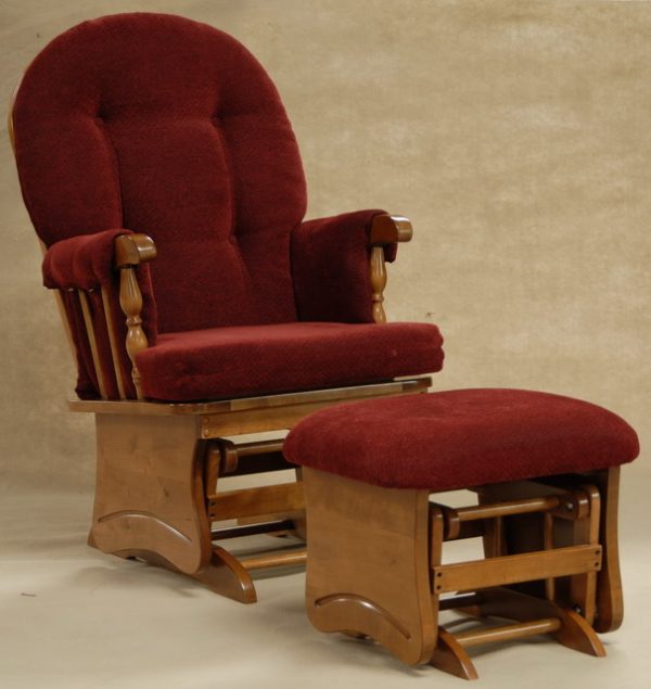 Red Nursery Glider Chair and Ottoman Set Red upholstered wooden nursery glider chair with matching ottoman