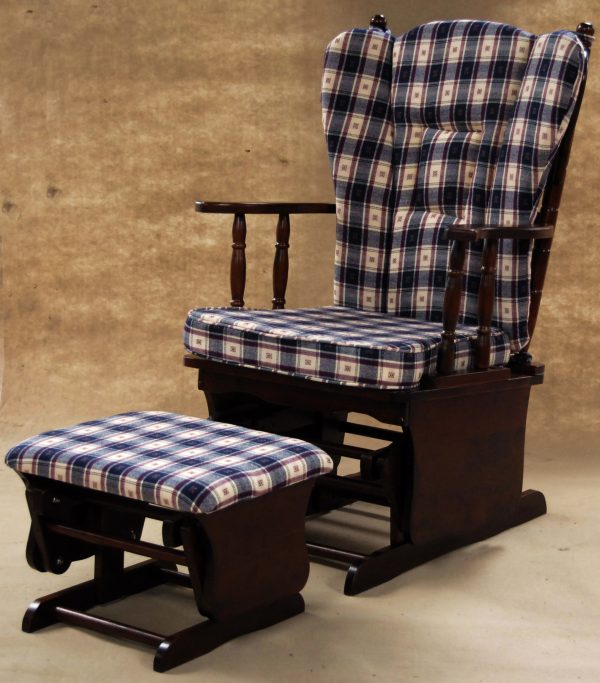 _DSC1411 Wooden Glider Chair with Ottoman in plaid upholstery and dark wood frame
