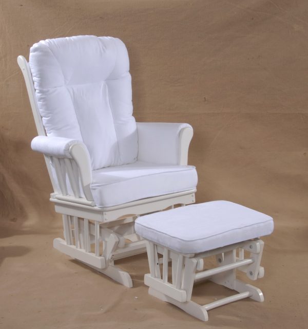 White wooden glider chair with padded backrest and matching ottoman
