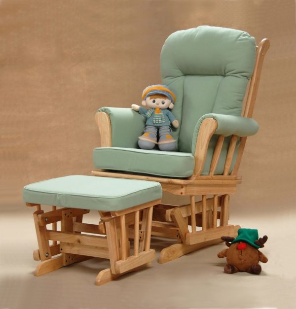 Light green nursery glider chair with natural wooden frame and ottoman