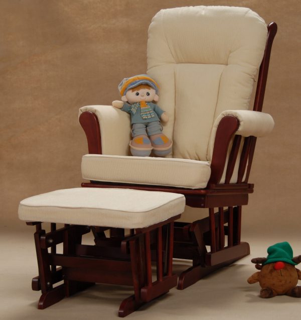 Cream wooden glider chair with white frame and coordinated ottoman