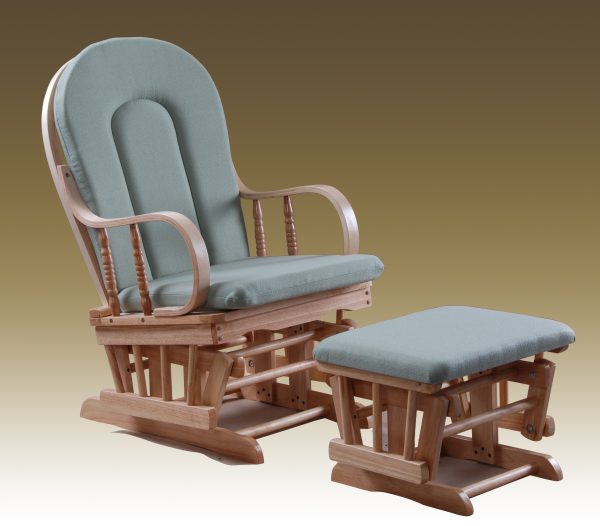 Warm Wood Nursery Glider Chair Traditional wooden nursery glider chair with neutral cushions and gliding ottoman