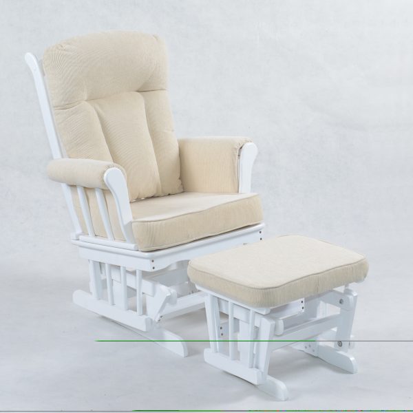 Cream upholstered wooden nursery glider chair with matching ottoman
