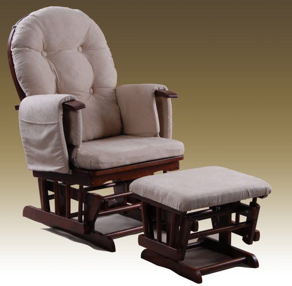 Beige Nursery Glider Chair with Ottoman Beige upholstered nursery glider chair with dark wood ottoman