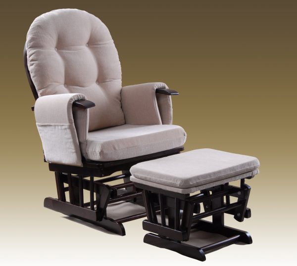 Cream Glider Chair with Ottoman Cream upholstered glider chair with dark wooden base and matching ottoman