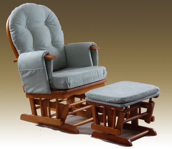 Gray Wooden Nursery Glider with Ottoman Gray cushioned wooden nursery glider chair with matching ottoman