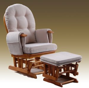 Beige wooden glider rocker chair with padded matching footstool