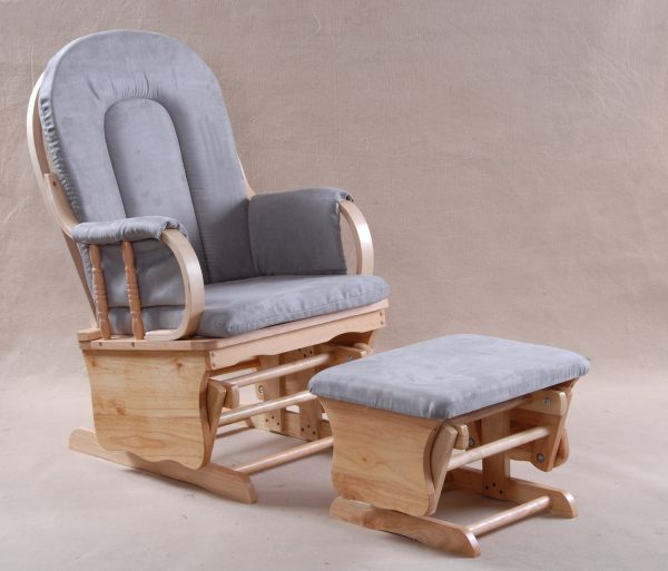 Gray High Back Nursery Glider Chair High back nursery glider chair with gray cushions and natural wooden frame