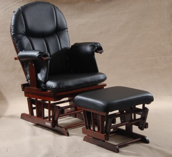 Black High Back Glider Chair with Ottoman and dark wood frame