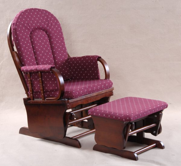 Plaid Nursery Glider Chair with Ottoman Dark wooden nursery glider chair with plaid cushions and matching ottoman