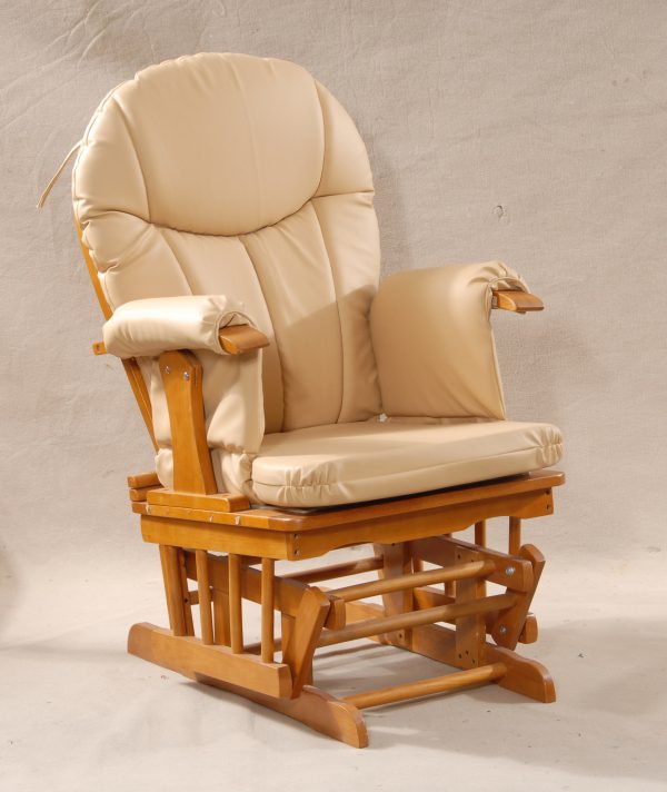 High Back Glider Chair with cream upholstery and warm wood frame