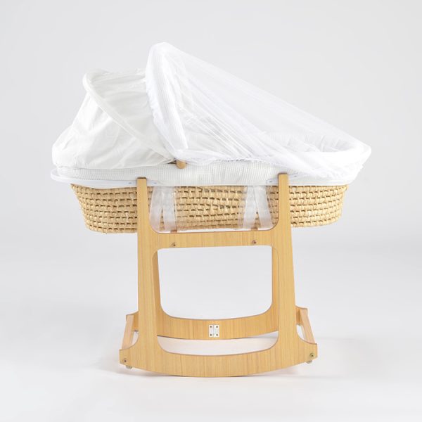 Wooden Rocking Baby Bassinet with Woven Basket & Canopy