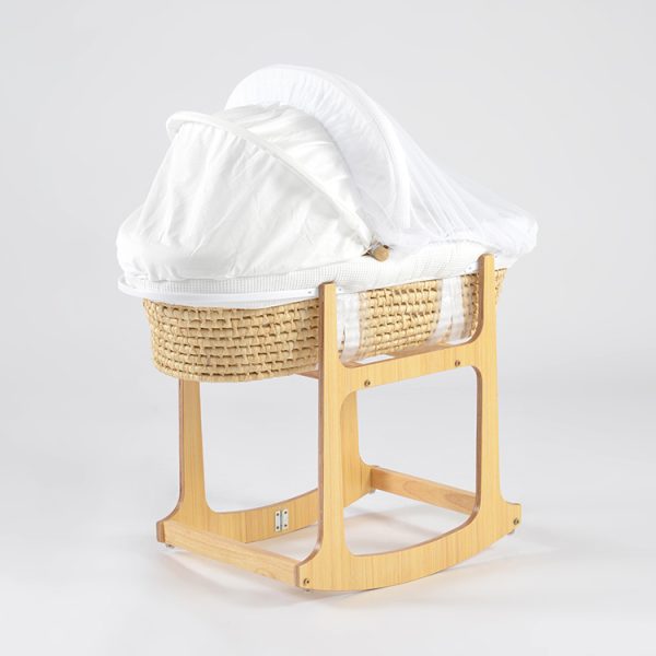 Wooden Rocking Baby Bassinet with Woven Basket & Canopy
