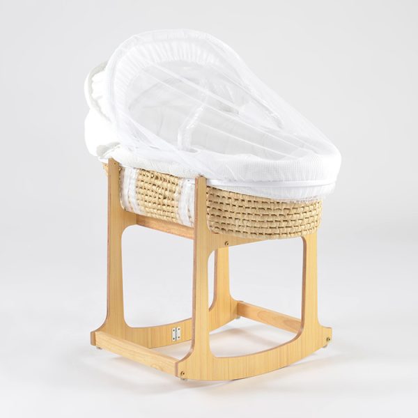 Wooden Rocking Baby Bassinet with Woven Basket & Canopy