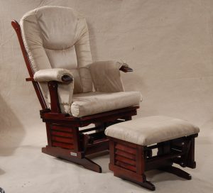 Beige Wooden Glider Chair with Ottoman Beige padded wooden glider chair with matching gliding footstool