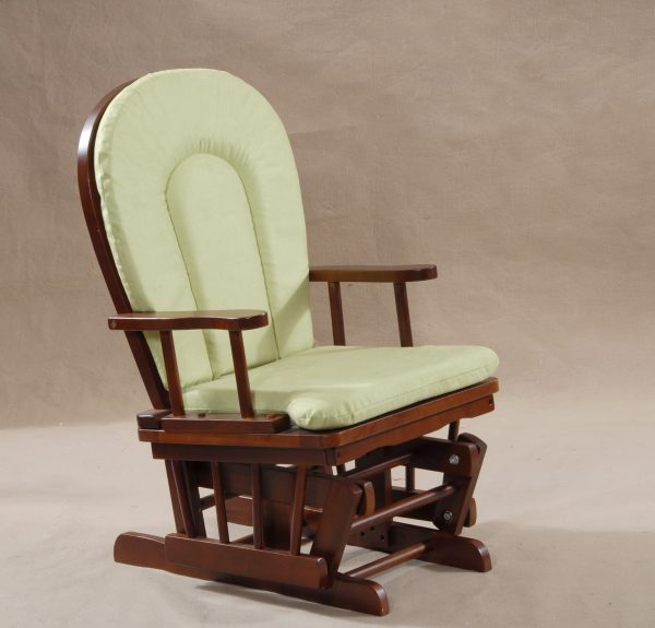 Light green wooden nursery glider rocking chair with high padded backrest