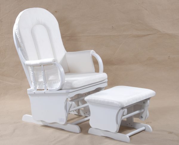 Padded Burgundy Nursery Glider Chair Padded wooden nursery glider chair with burgundy fabric and matching ottoman