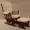 Classic Padded Nursery Glider – Angled View Angled view of classic padded nursery glider with wooden frame and footrest