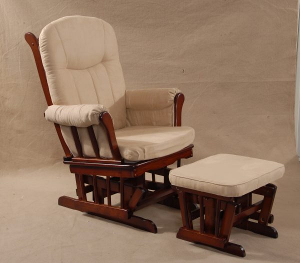 Classic Padded Nursery Glider – Angled View Angled view of classic padded nursery glider with wooden frame and footrest