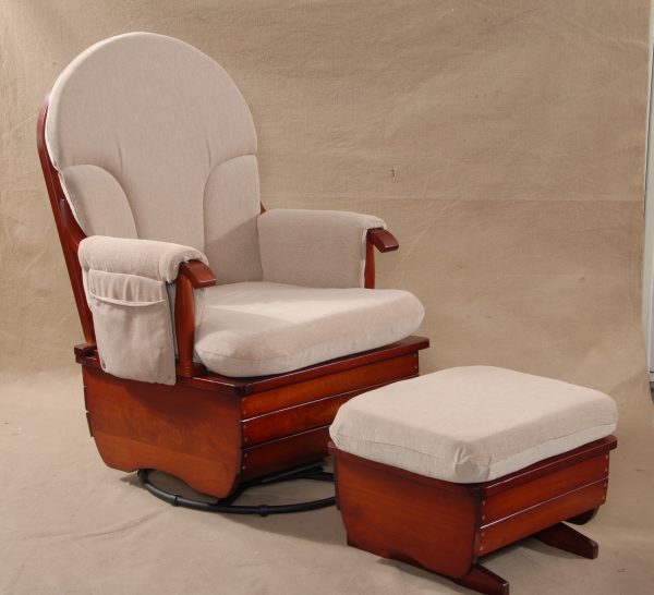 Swivel glider chair with padded high back, wooden frame and matching ottoman
