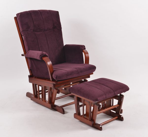 Burgundy Nursery Glider Chair with Ottoman and dark wood frame