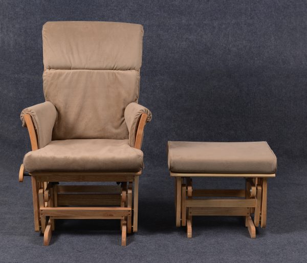 Wooden Glider Chair with Ottoman - Front View Wooden glider chair with ottoman and brown padded upholstery