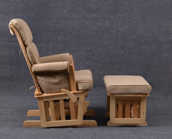 Wooden Nursery Glider Chair - Side View Side view of wooden nursery glider chair with matching ottoman