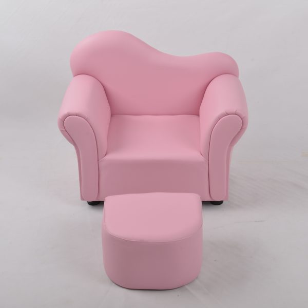 Pink Kids Sofa with Ottoman – Front View Pink kids sofa with ottoman featuring a curved backrest and padded rolled arms