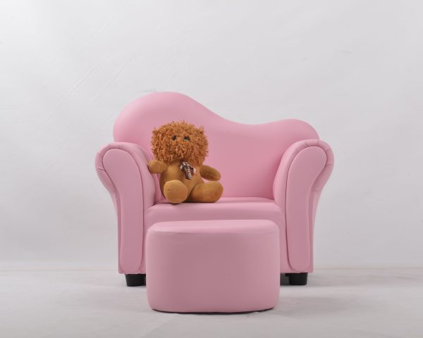 Pink Children’s Sofa with Ottoman – Front View Pink children’s upholstered sofa with matching ottoman and soft padded armrests