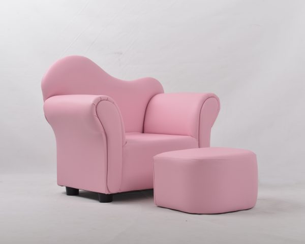 Kids Sofa and Ottoman Set – Pink Upholstered Armchair Pink kids sofa and ottoman set with curved backrest and upholstered rolled arms