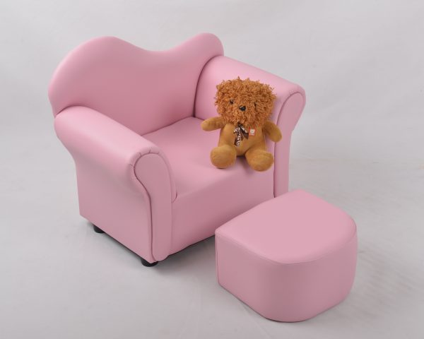 Pink Kids Armchair with Ottoman – Angled View Pink kids armchair with matching ottoman shown from an angled view