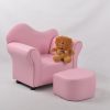 Upholstered Kids Sofa with Ottoman – Pink Design Upholstered kids sofa with ottoman in pink with a curved back and padded arms