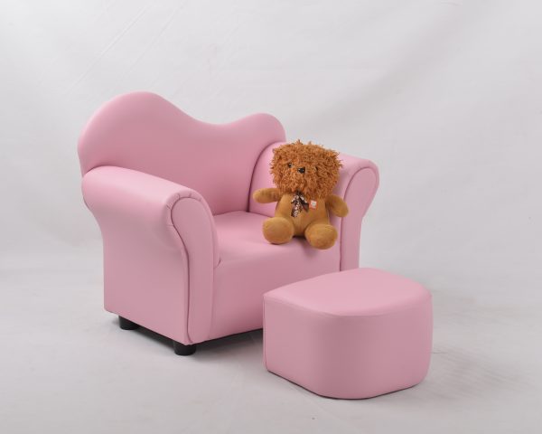 Upholstered Kids Sofa with Ottoman – Pink Design Upholstered kids sofa with ottoman in pink with a curved back and padded arms