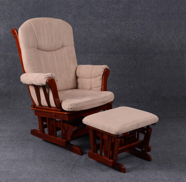 Padded Nursery Glider with Ottoman – High Back Wooden Chair Padded nursery glider with high backrest, cushioned armrests and matching ottoman