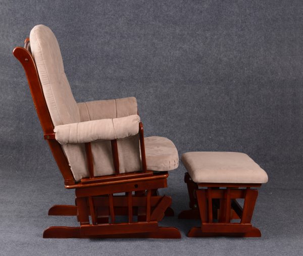 High Back Nursery Glider Chair – Side View Side view of high back nursery glider chair with padded armrests and ottoman