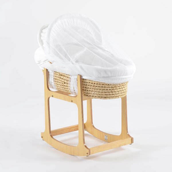 Wooden Rocking Baby Bassinet with Woven Basket & Canopy