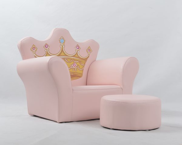 Princess Kids Armchair and Ottoman Set Front view of pink princess children’s armchair and ottoman set