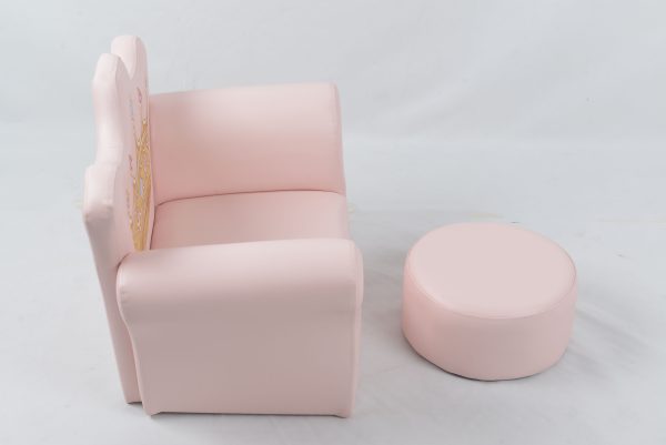 Princess Kids Armchair Side View Side view of custom pink princess kids armchair with round ottoman